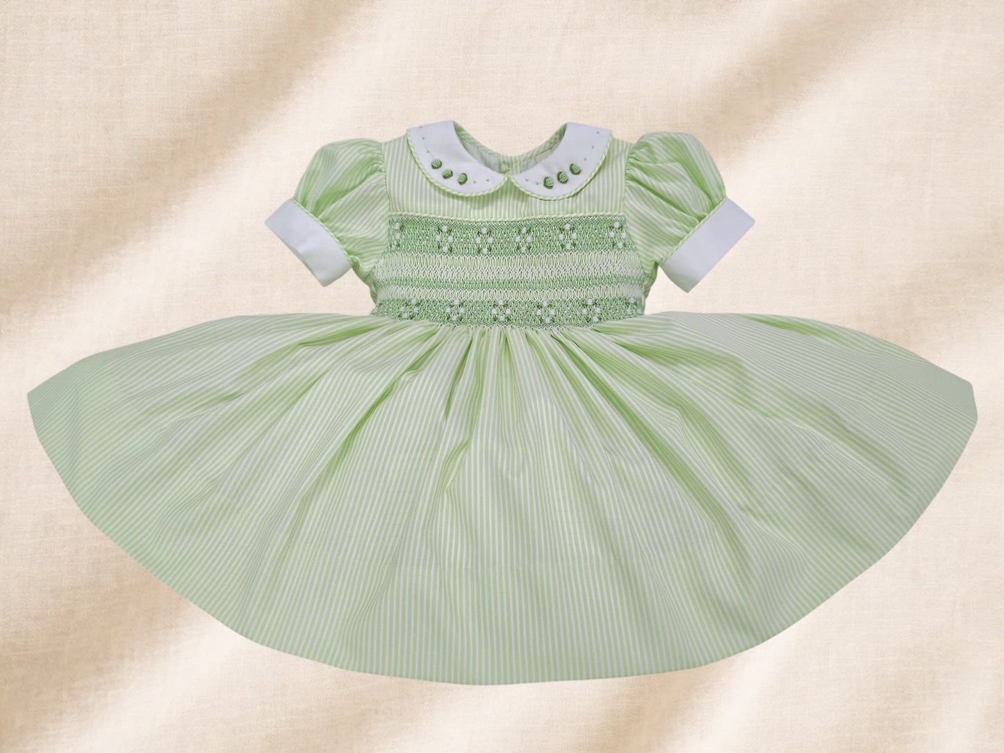 Apple Green Stripe hand smocked dress ( got matching boys suit & girls romper available )
