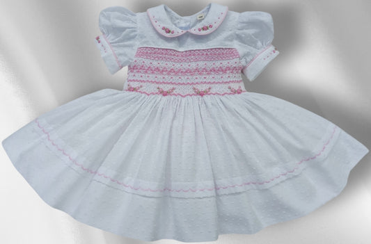 White Smocked back and front Swiss dot with pink