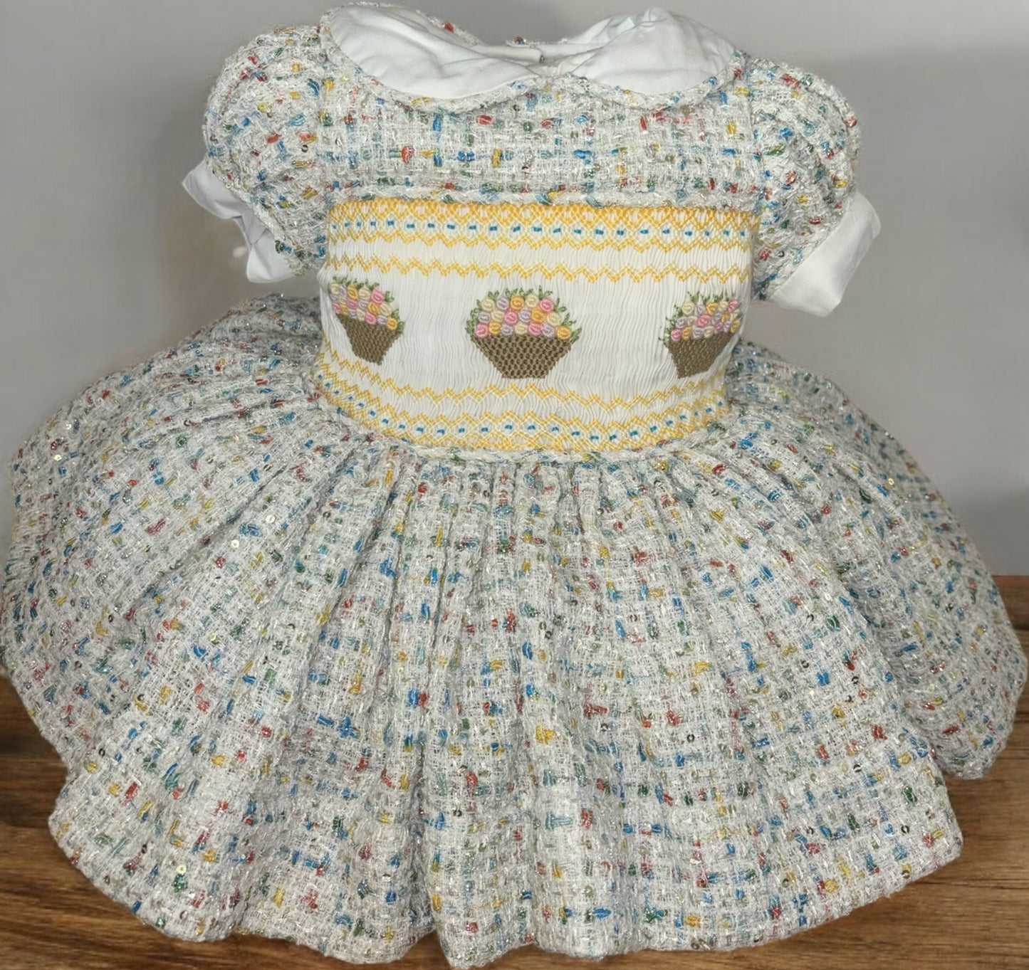 Sparkle multi colour tweed with flower baskets smocked dress