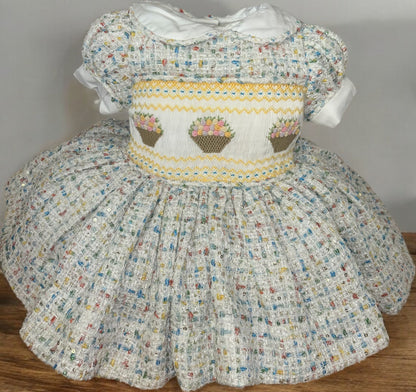 Sparkle multi colour tweed with flower baskets smocked dress