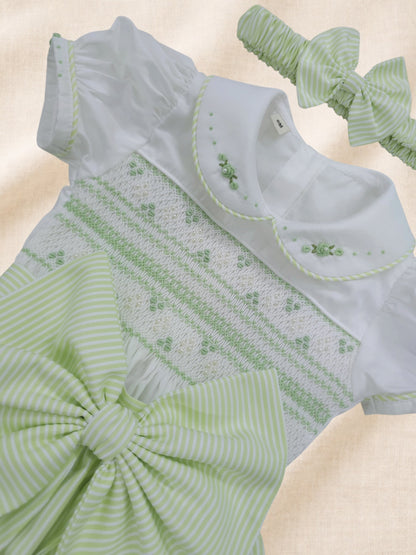 Apple green stripe hand smocked girls romper