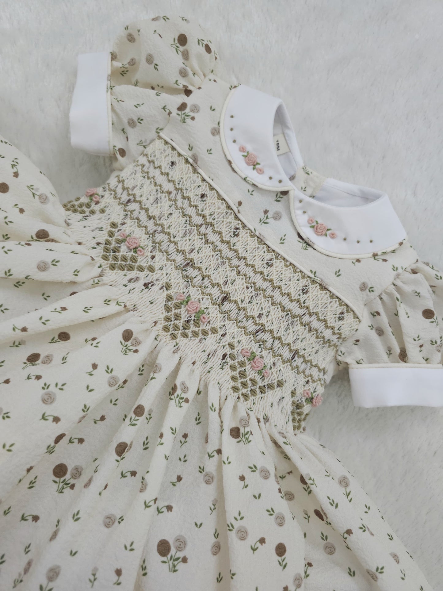 Cream & coffee floral smocked dress