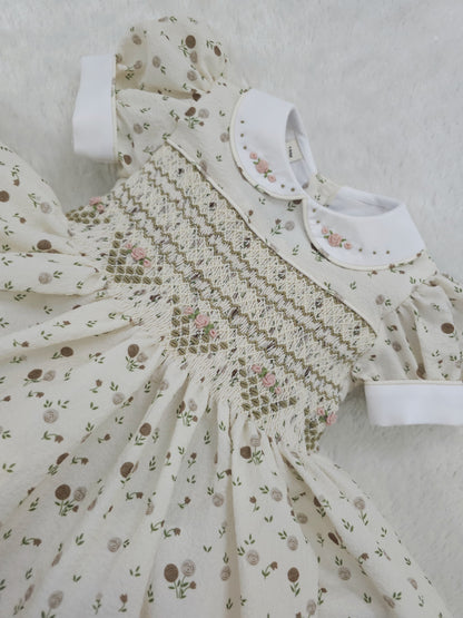 Cream & coffee floral smocked dress