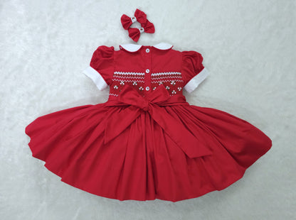 Red Christmas Smocked back & front Dress