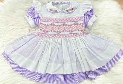 Lilac pinstripe smocked pinny dress with ribbon