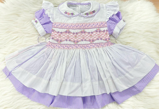 Lilac pinstripe smocked pinny dress with ribbon