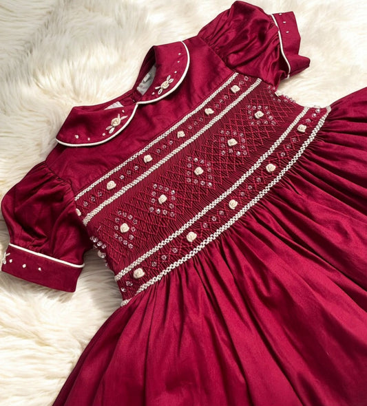 Burgandy and cream smocked dress ( got matching boys suit available )