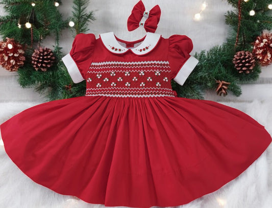 Red Christmas Smocked back & front Dress
