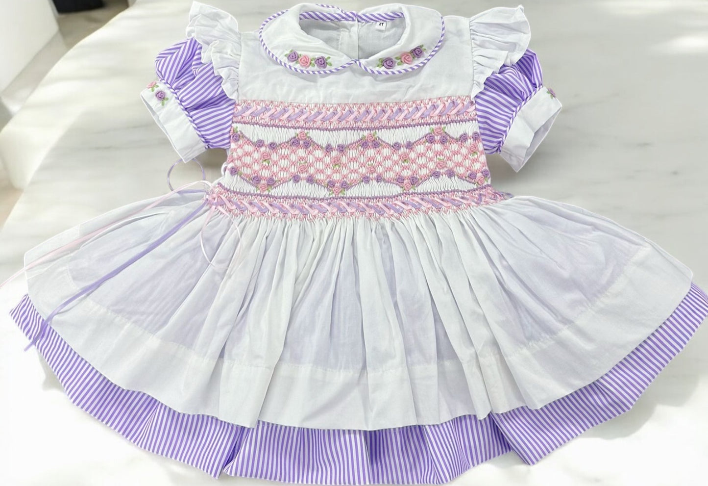 Lilac pinstripe smocked pinny dress with ribbon
