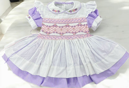 Lilac pinstripe smocked pinny dress with ribbon
