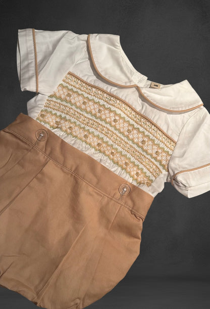 Boys biscuit smocked suit