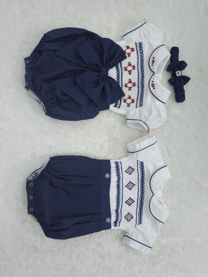 Navy polkadot boys suit ( got matching girls romper and dress available )