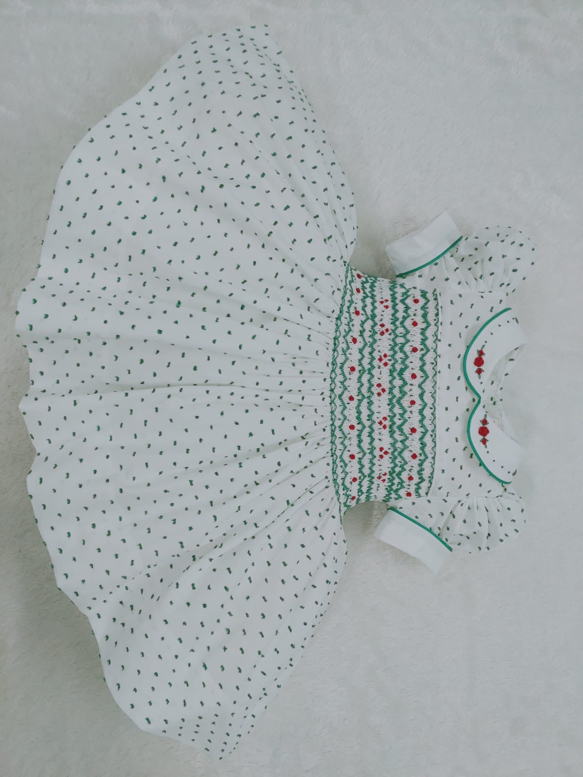 Green Swiss dot smocked back & front