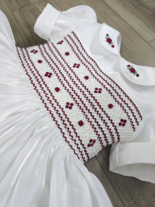 White with burgandy smocking and pearls PRE ORDER HERE IN 3 WEEKS