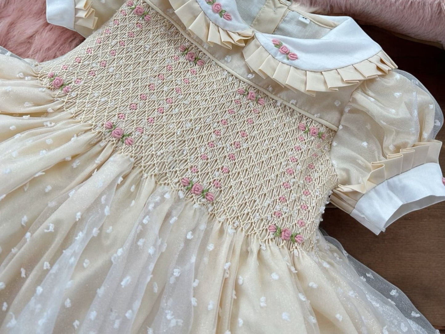 Cream organza smocked dress with pink