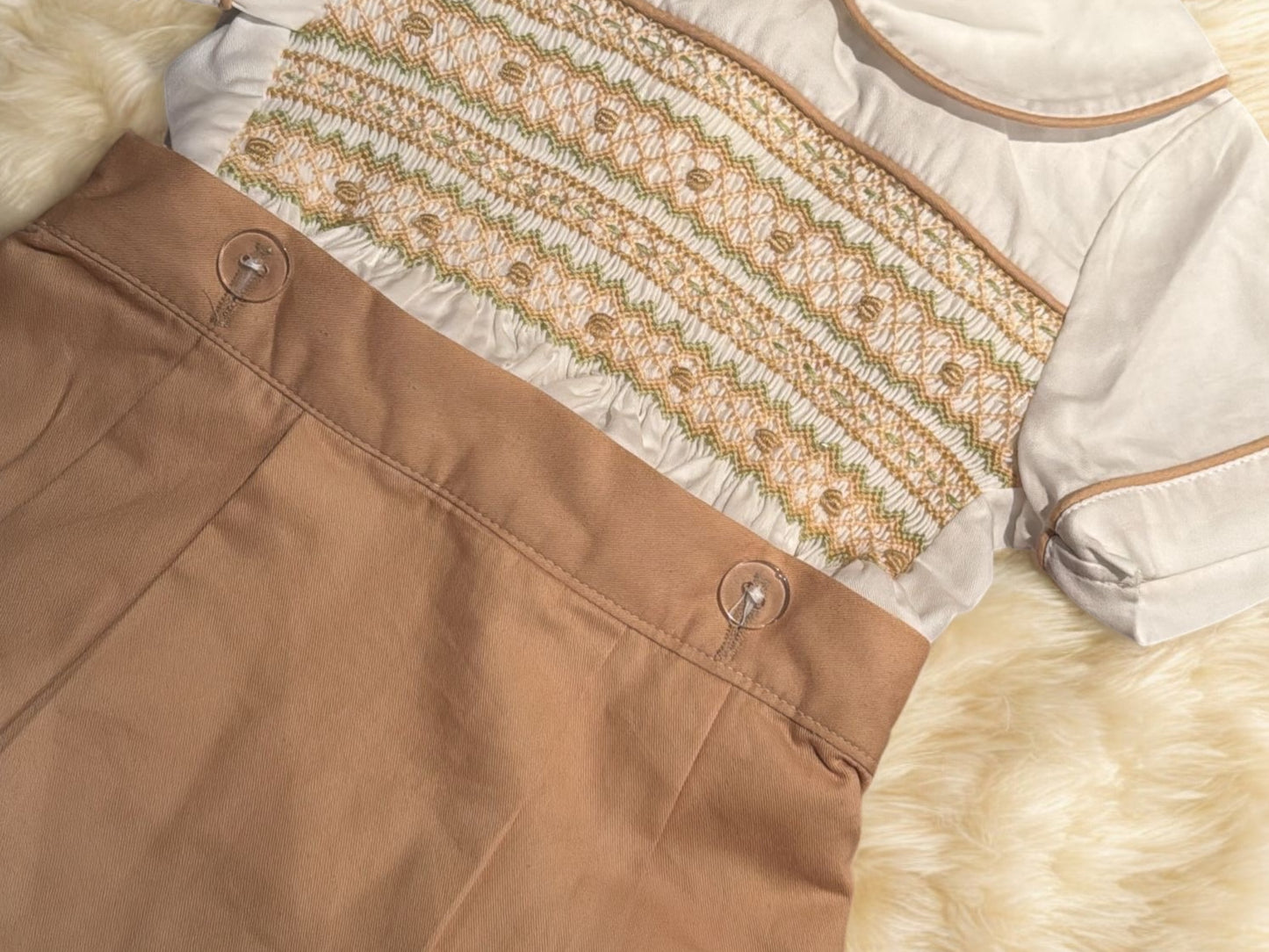 Boys biscuit smocked suit