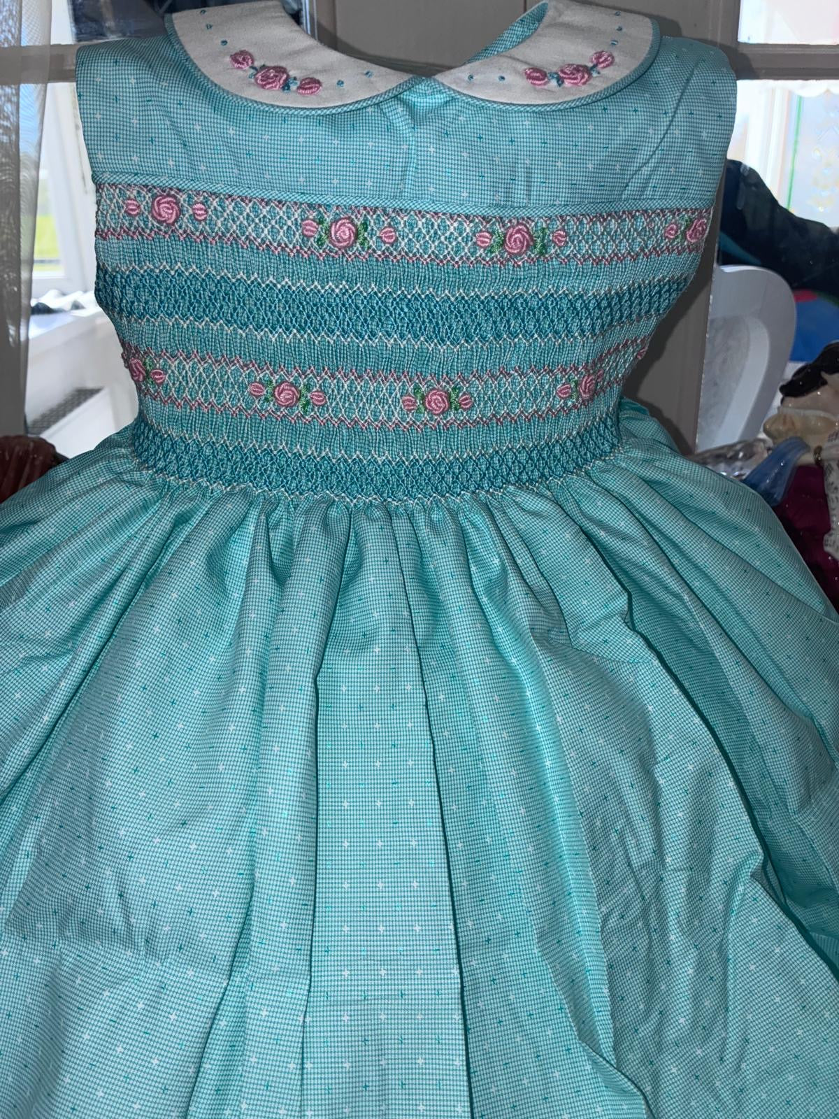 Hand Smocked Baby Girl Dress UK | Mint Sleeveless Dress with Pink Smocking | Matching Boys Outfit | Baby Jones Ltd