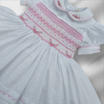 White Smocked back and front Swiss dot with pink