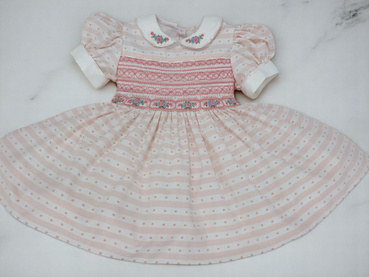 Baby pink striped Swiss dot smocked dress