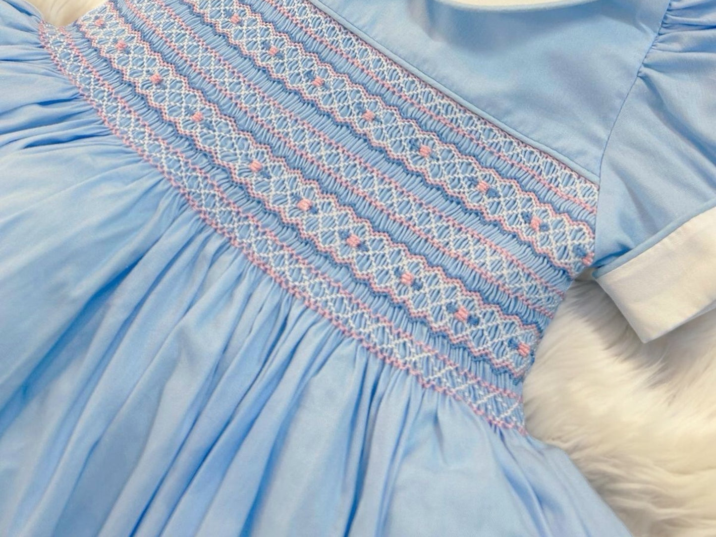 Blue smocked back and front dress ( got matching boys suit for sale as well )