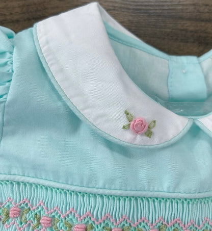 Mint smocked dress with pink embroidery