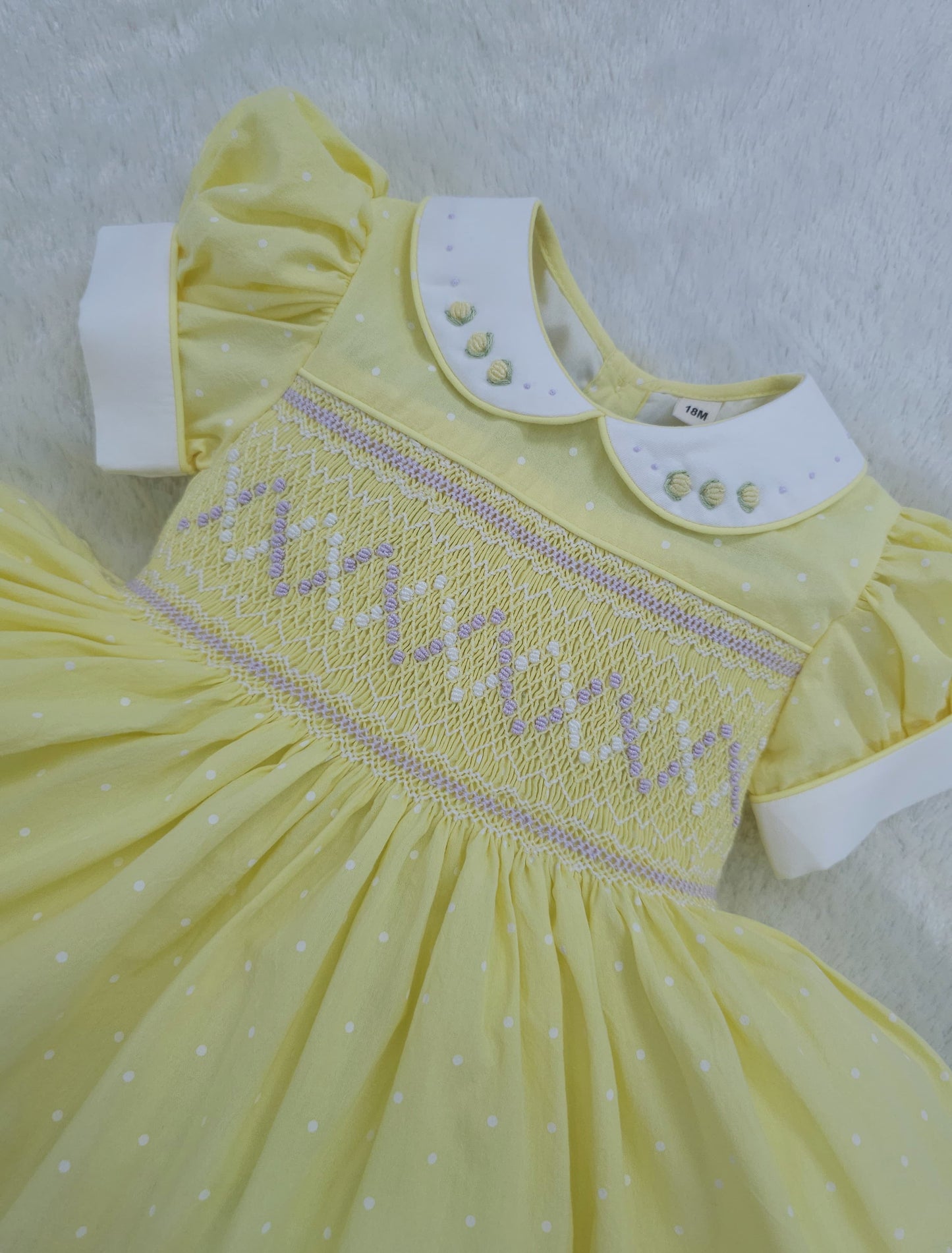 Lemon polkadot with lilac smocking HERE IN 10 DAYS