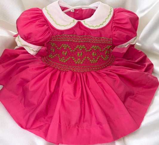Hot pink with bright green smocked back and front