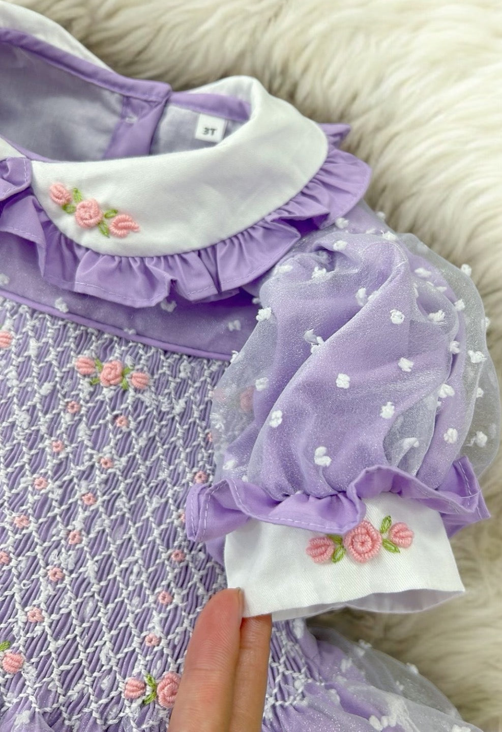 Lilac organza smocked dress with pink embroidery