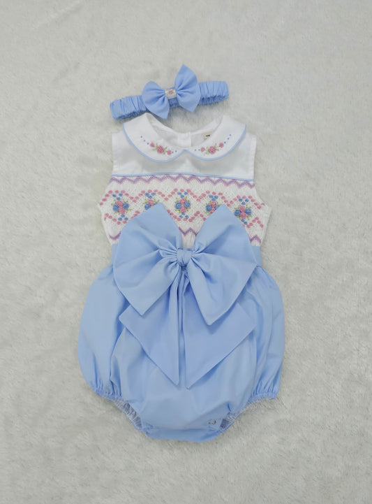 Baby blue smocked sleeveless romper