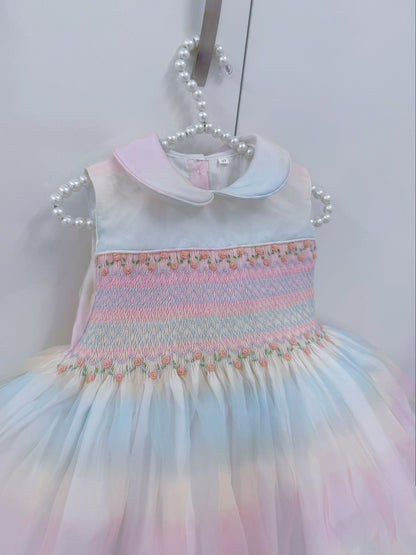 Ombre rainbow sleeveless hand smocked dress