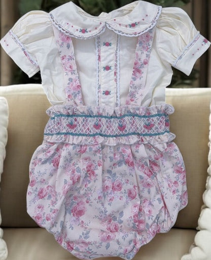 Girls floral romper with smocked waistband and cream shirt ( got matching dress available?