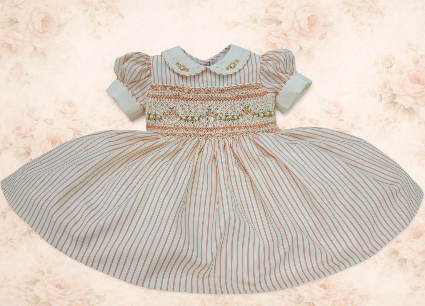 Peach/Coral Stripe Rose Hand-Smocked Dress