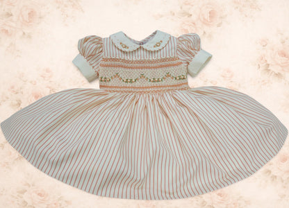 Peach/Coral Stripe Rose Hand-Smocked Dress