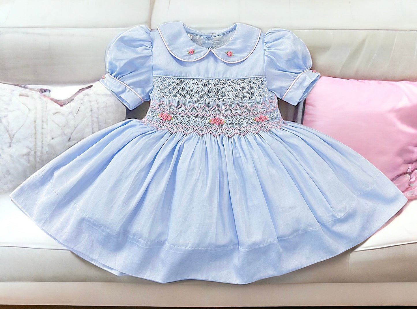 Powder blue with pearl pink smocking