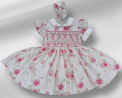 White rose floral smocked back and front