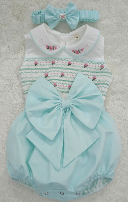 Mint sleeveless smocked romper