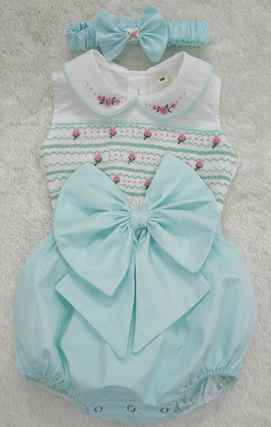 Mint sleeveless smocked romper