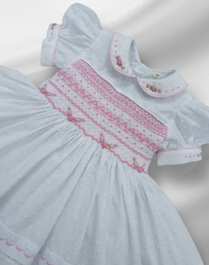 White Smocked back and front Swiss dot with pink