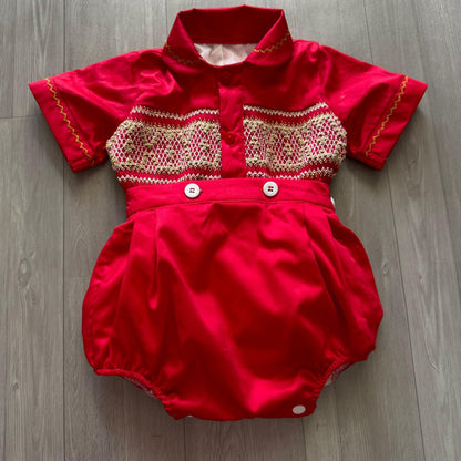 Red and gold smocked boys suit
