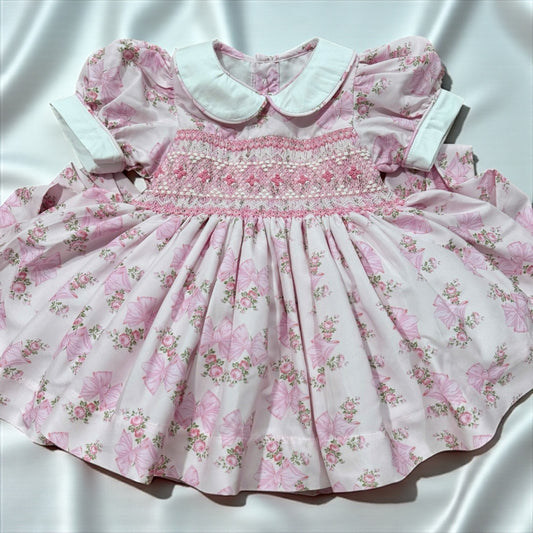 Pink floral & bow smocked dress