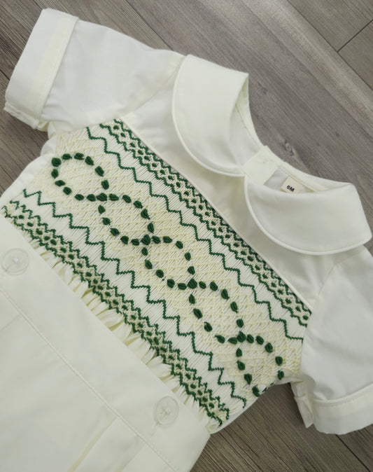 Cream and green smocked boys suit ( got matching dress available ) PRE ORDER HERE IN 2-3 WEEKS