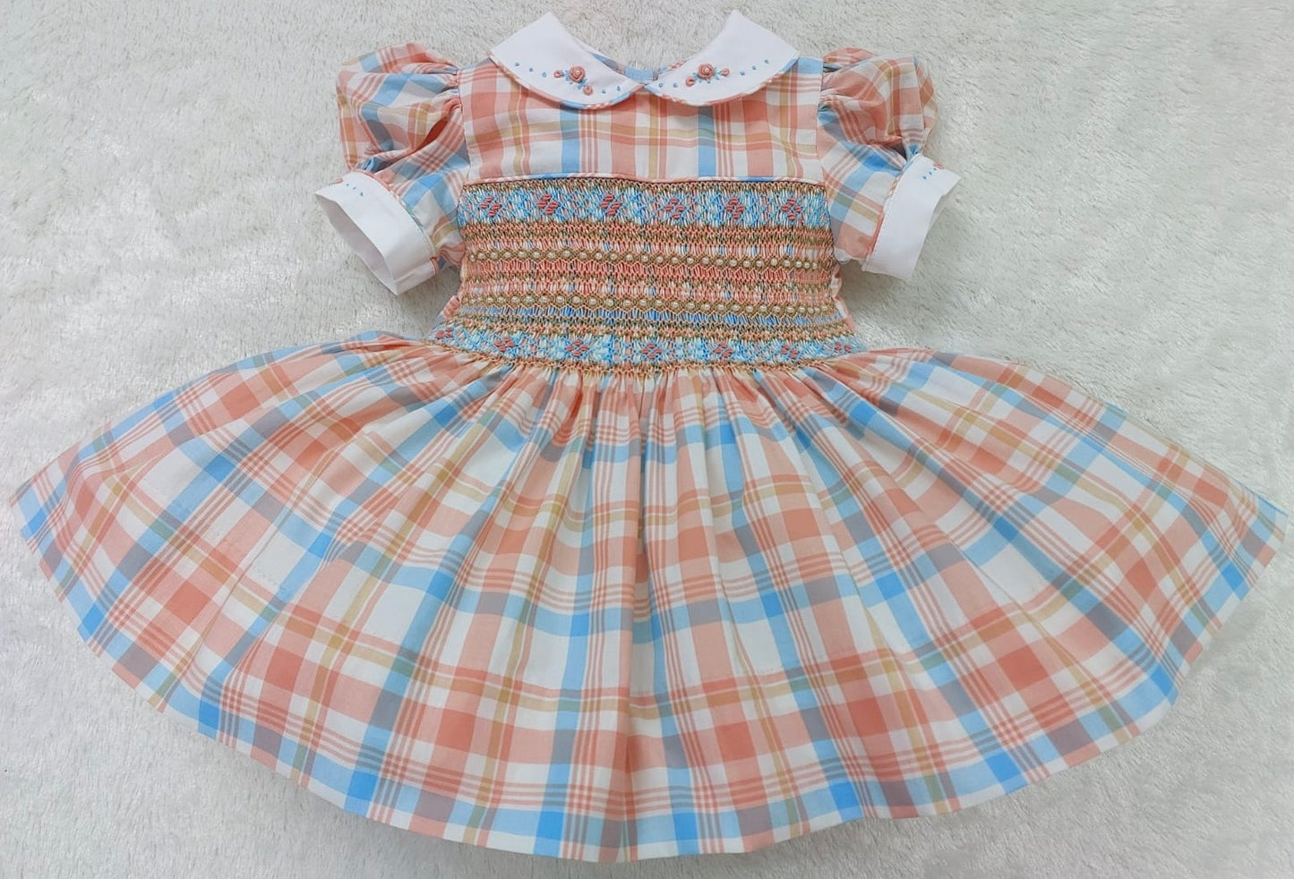 Checkered smocked dress with pearls