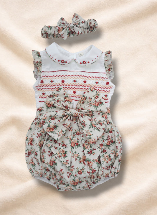 Vintage Style Red Floral Hand-Smocked Sleeveless Romper with Frill Sleeves