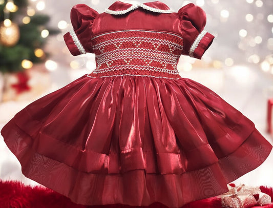 Silk Organza Burgandy smocked dress with pearls