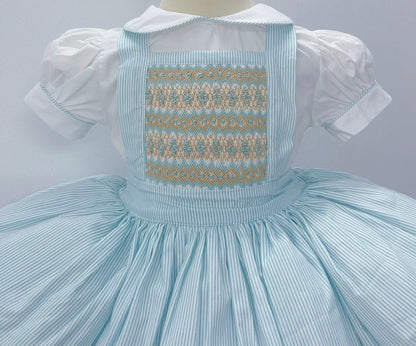 Blue stripe with gold smocked pinafore dress ( got matching boys suit )