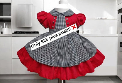 Red dress with black and white full pinny