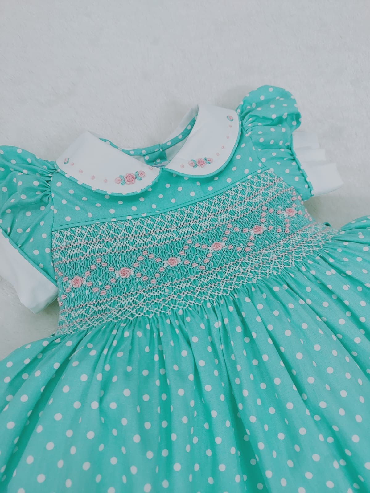 Turquoise polkadot smocked dress