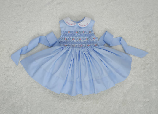 Baby blue smocked sleeveless with pink embroidered roses and pearls