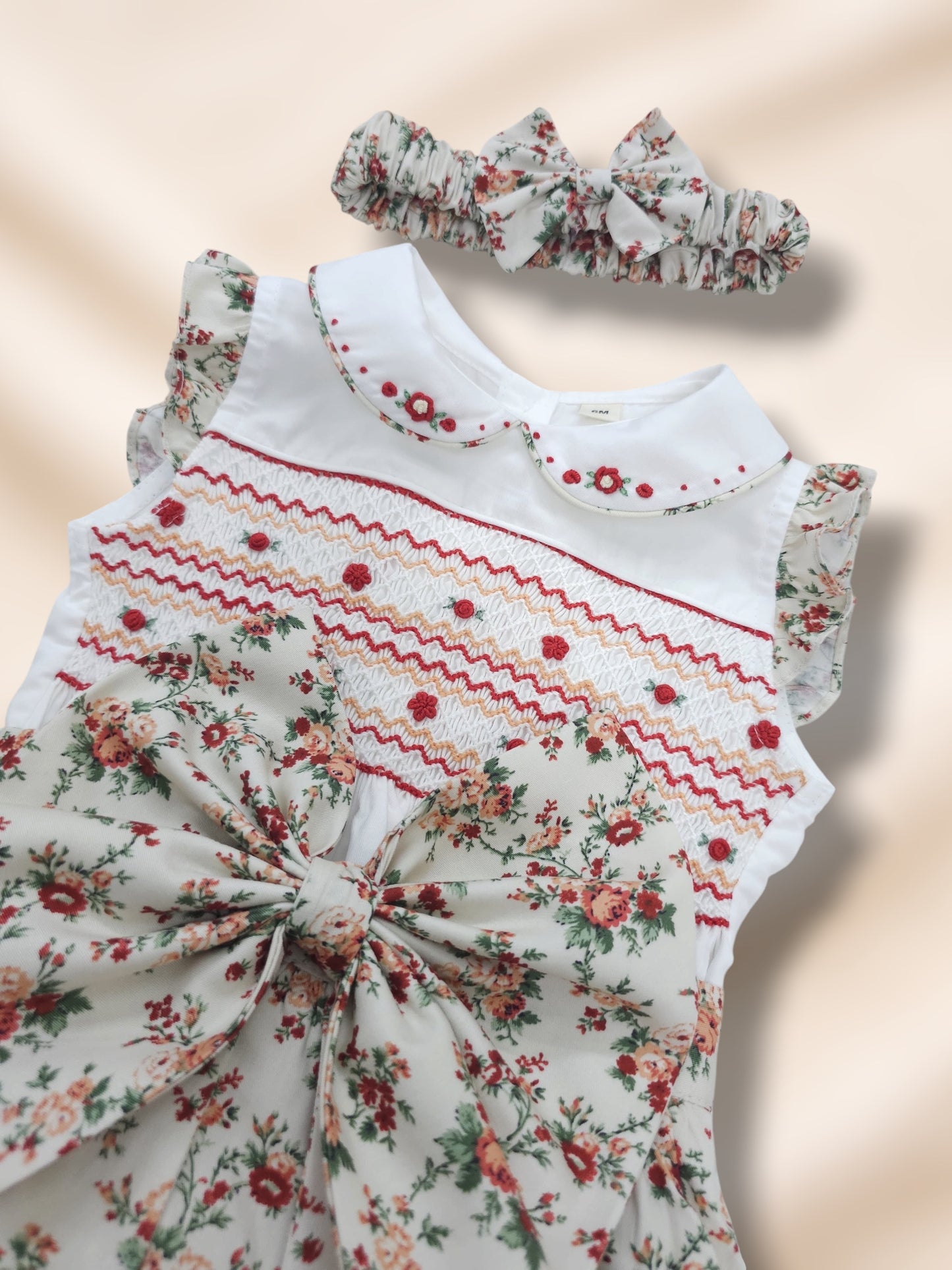 Vintage Style Floral Hand-Smocked Sleeveless Romper with Frill Sleeves