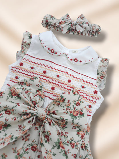 Vintage Style Floral Hand-Smocked Sleeveless Romper with Frill Sleeves